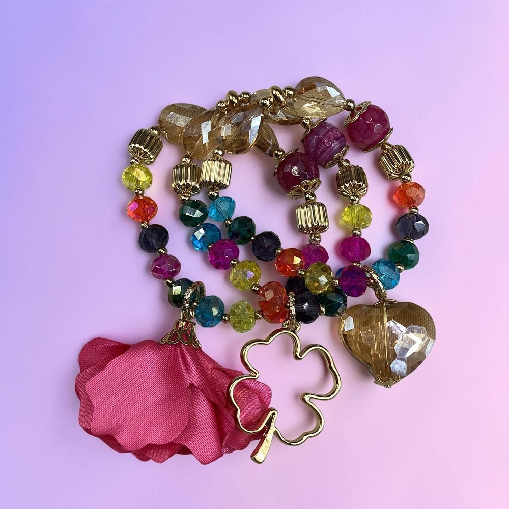 Handmade Mexican 3-Piece Bracelet Set Natural Stone Crystal Gold Tone Stretch 7"